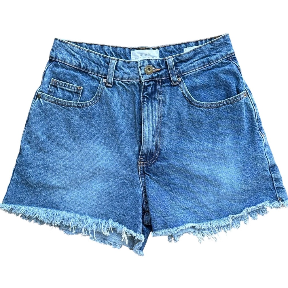Cotton On High Rise Mom 100% Cotton Denim Shorts Medium Wash Raw Hem Size 4